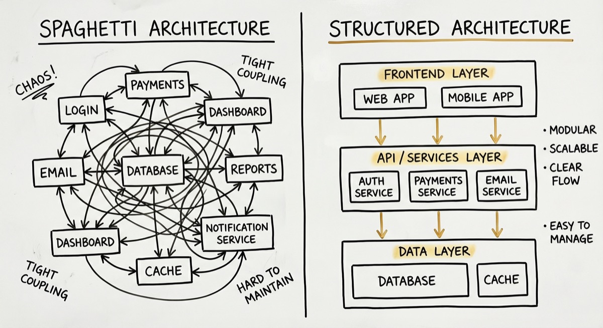 Spaghetti Architecture vs Structured Architecture — a visual comparison