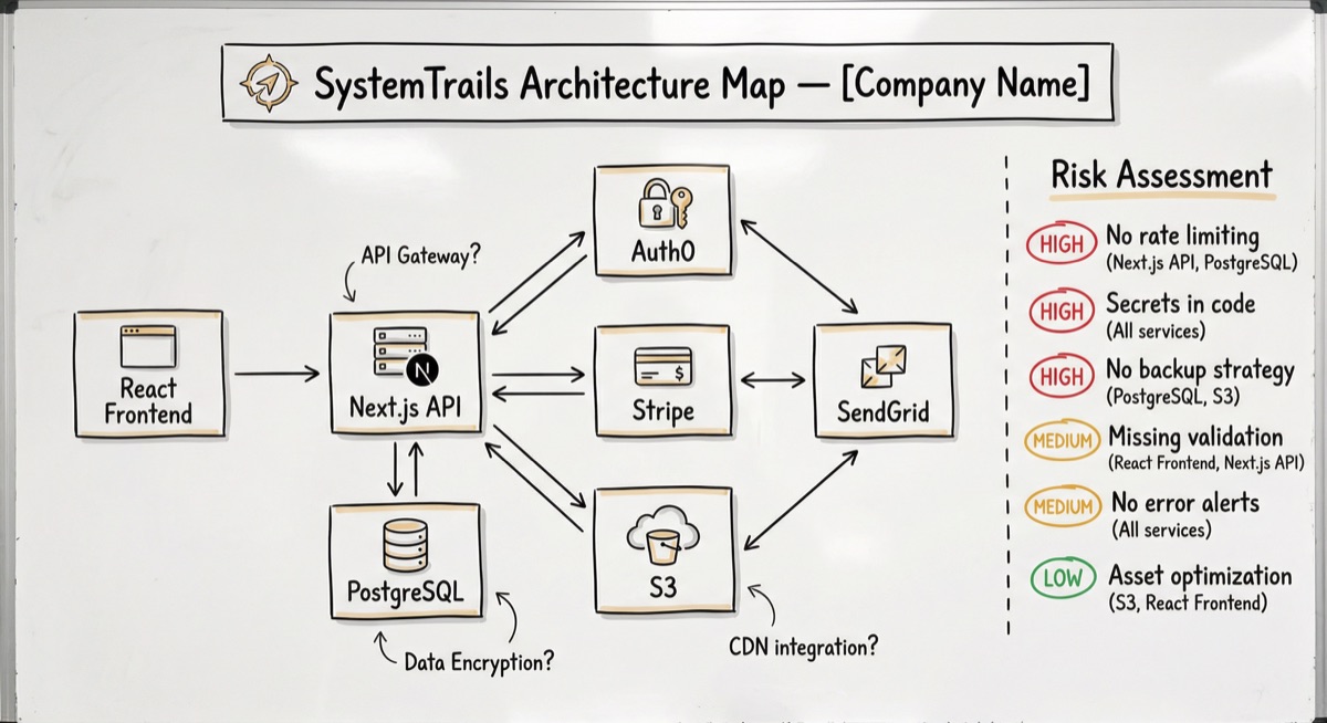 A sample SystemTrails Architecture Map showing components, connections, and risk assessment